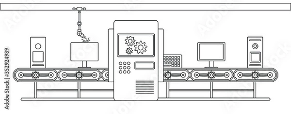 Fototapeta Conveyor assembly line in flat style. Automatic production of computer electronics concept. Industrial mass production conveyor. Vector illustration