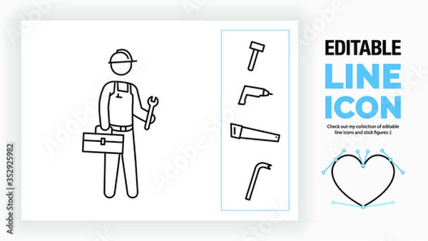 Obraz Editable line icon of a stick figure handyman with a construction toolbox in his hand and a wrench customisable with a hammer, drill, saw or crowbar in a black stroke design as a eps vector graphic
