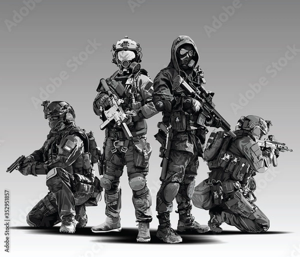 Fototapeta Vector Policeman Tactical Shoot Illustration. Armed police military preparing to shoot with automatic rifle.