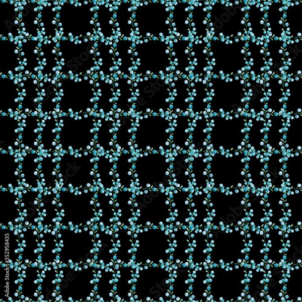 Fototapeta Seamless texture a cage made of twigs and berries of blueberries on a black background