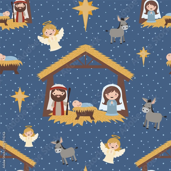 Fototapeta Vector Blue Christmas Nativity Scene Seamless Pattern Background