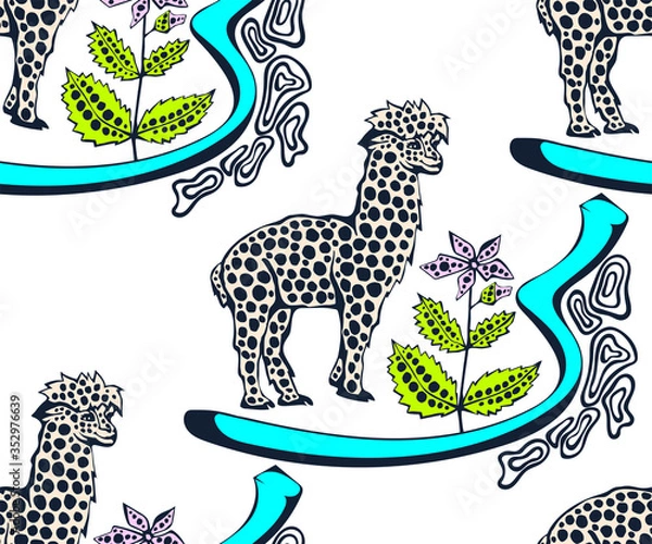 Fototapeta Vector background hand drawn exotic wild llama alpaca. Hand drawn ink illustration. Modern ornamental decorative background. Vector pattern. Print for textile, cloth, wallpaper, scrapbooking