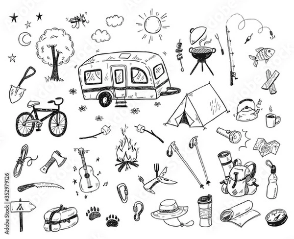 Obraz Ręcznie rysowane doodle elementy wektorów kempingowych, ikony zestaw z ogniskiem, przygoda, sprzęt turystyczny i turystyczny
