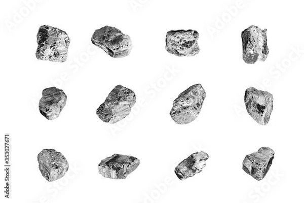 Fototapeta Silver stones set white background isolated closeup, iron mine nugget collection, gray metallic rock samples texture, raw metal ore pieces, group shiny grey lumps, natural mineral chunk, rough rubbles