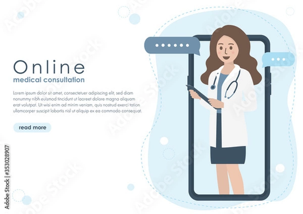 Fototapeta Smartphone screen of female doctor with stethoscope and patient medical records. Online doctor, medical consultation and healthcare concept. Flat vector illustration. Copy space