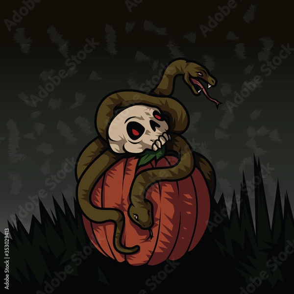 Fototapeta Two creepy snakes curling around a skull with scary glowing eyes
