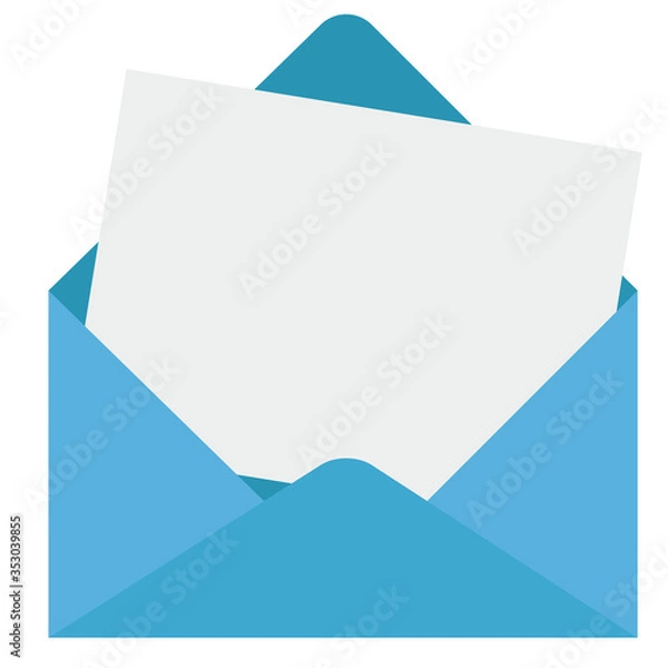 Fototapeta Blue envelope with note paper blank card. Vector illustration of letter in an evelope. Letter template