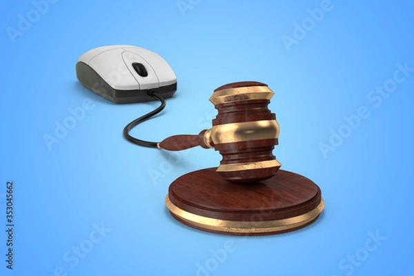 Fototapeta Digital internet law concept with mouse and gavel connection on isolated background.3D illustration