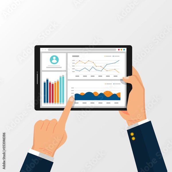 Obraz Web analytic information on Tablet screen held by hand. trend graphs report concept. statistic charts for planning and accounting, analysis, audit, management, marketing, research vector illustration.