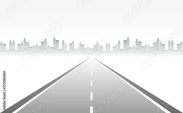 Obraz Roadway journey to the future. Asphalt street isolated on city background. Symbols Way to the goal of the end point. Path mean successful business planning Suitable for advertising and presentstation
