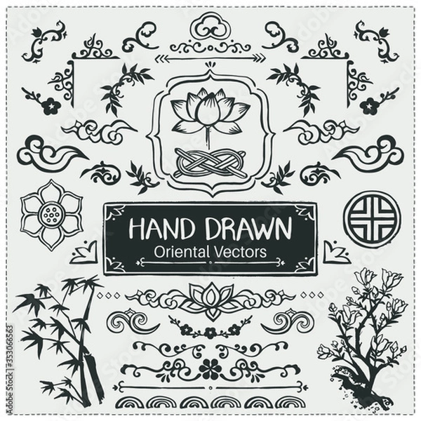 Obraz Set of hand drawn oriental brushes. Vintage frame, oriental decorations. Vector illustration.
