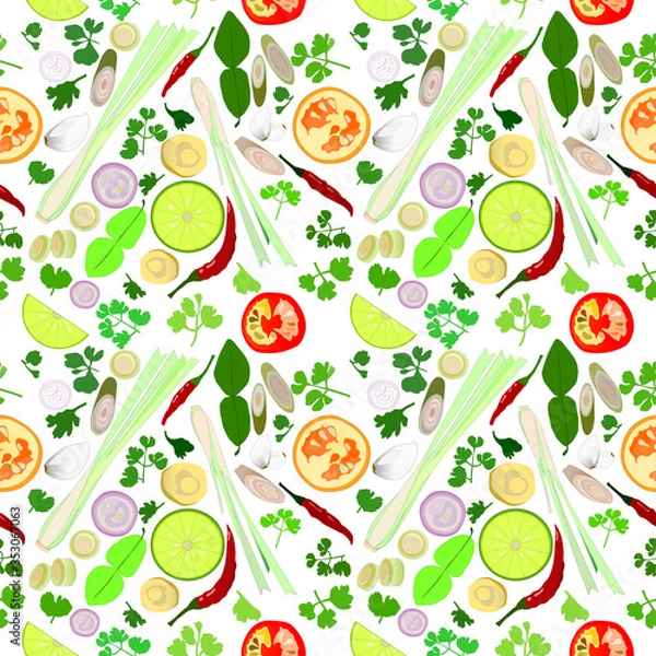 Obraz The abstract seamless pattern of ingredient herbs for The Popular Thai cuisine  "Tom Yum" soup for background, Gift Wrap ,wallpaper, fabric print, cloth texture, illustration.