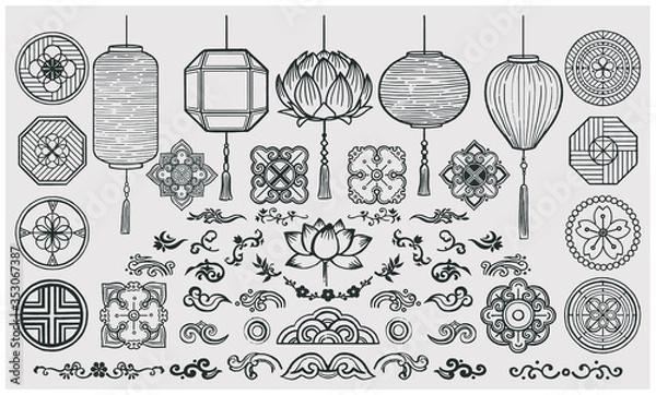 Obraz Set of hand drawn oriental elements. Asian lanterns and traditional patterns.