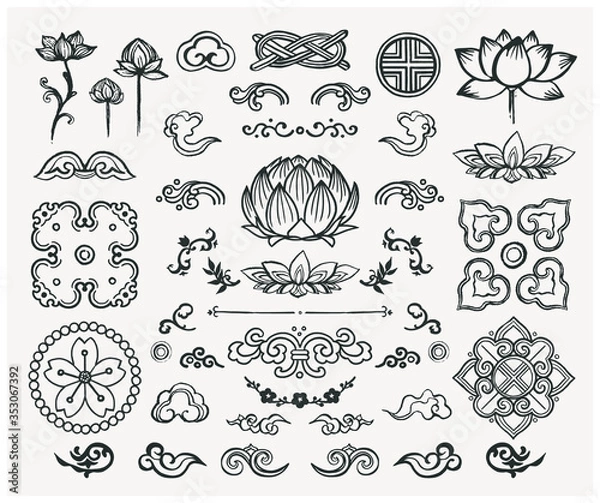 Obraz Zestaw ręcznie rysowane elementy orientalne. Czarne mandale i lotos. Azjatycki tradycyjny design.