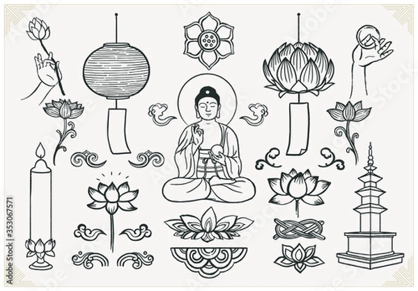 Obraz Set of hand drawn oriental elements. Sitting Buddha with hands and lotus. Asian traditional design. 