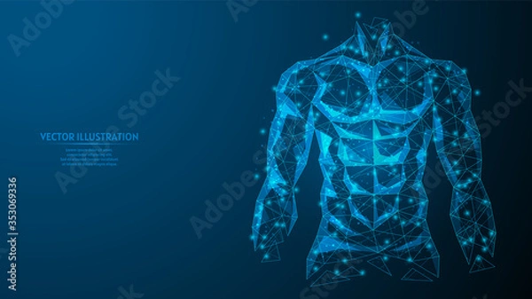 Fototapeta Torso of a man close-up. Inflated athletic muscular body. The concept of sports, healthy eating, healthy lifestyle. 3d low poly wireframe model vector illustration.
