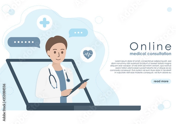 Fototapeta Laptop screen of male doctor with stethoscope, patient medical records and health icons. Online doctor, medical consultation and healthcare concept. Flat vector illustration. Copy space for text.