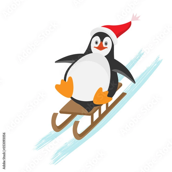 Fototapeta Funny Christmas penguin sledding  down winter hills. Flat Vector  cartoon isolated  illustration with texture. Can be used as postcards, posters, greeting cards