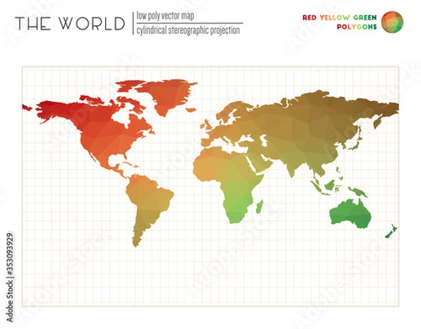 Fototapeta Polygonal map of the world. Cylindrical stereographic projection of the world. Red, Yellow, and Green colored polygons. Energetic vector illustration.