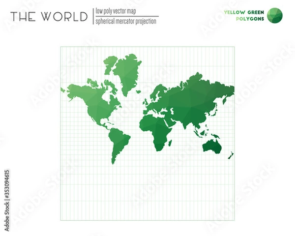 Fototapeta Low poly design of the world. Spherical Mercator projection of the world. Yellow-Green colored polygons. Neat vector illustration.