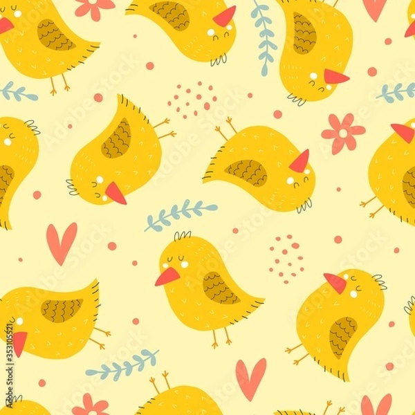 Fototapeta Seamless pattern with cartoon birds, flowers, decor elements  on a neutral background. summer colorful vector for kids. hand drawing, flat style. Baby design for fabric, print, textile, wrapper