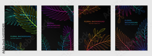 Obraz Vector set of neon gradient covers with space for text. Black backgrounds with exotic plants and tropical leaves. Fluorescent backdrops for greeting cards, posters, banners, social media and etc.