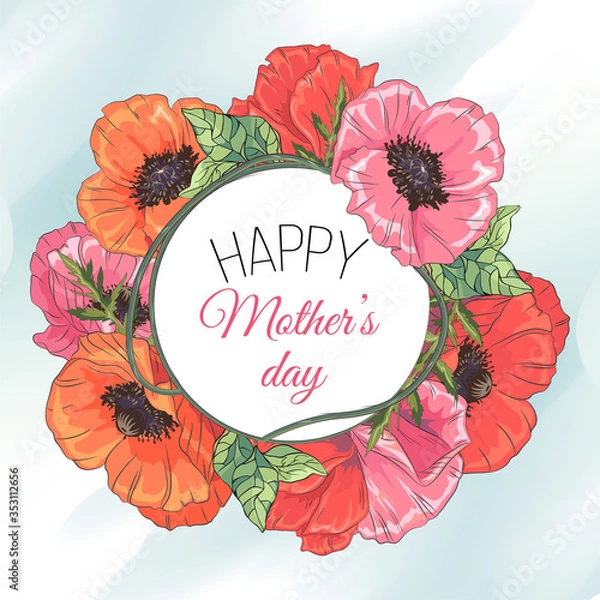 Obraz Template with poppy on white background. Vector frame with poppy for wedding, marriage, bridal, birthday, mothers day