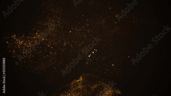 Fototapeta Pile of gold powder on black background with gold particles falling on this pile.