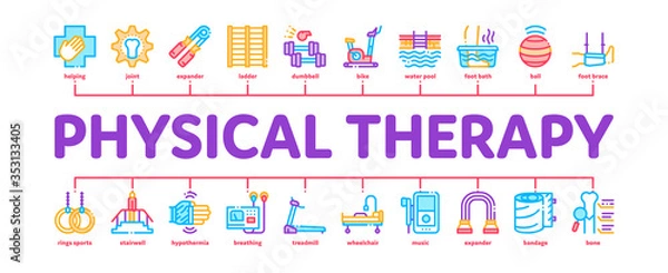 Fototapeta Physical Therapy And Recovery Minimal Infographic Web Banner Vector. Treadmill And Exercise Bike, Dumbbells And Ball Equipment For Physical Therapy Illustration