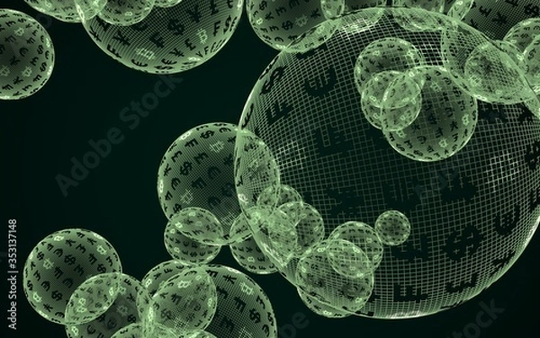 Fototapeta Bitcoin economic financial bubble. crypto currency 3D illustration. Business concept. Green bubbles on a dark background
