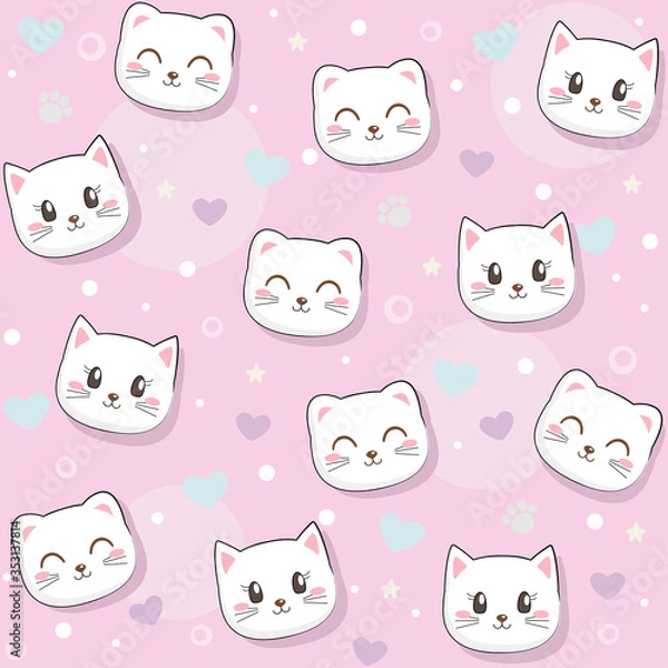 Fototapeta Cute seamless pattern with pretty kittens. Great for baby fabric, textile, wallpaper. Cats. Kids cartoon vector background. Pastel Colors.