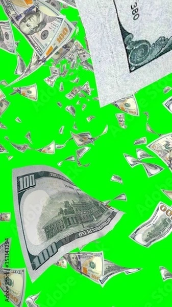 Fototapeta Flying dollars banknotes isolated on chromakey. Money is flying in the air. 100 US banknotes new sample. Vertical orientation. 3D illustration