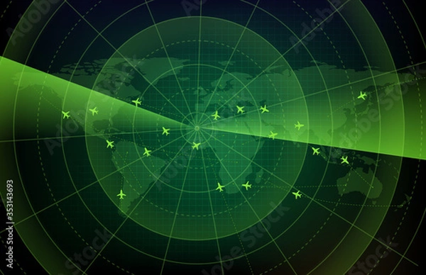 Fototapeta abstract background of futuristic technology screen scan flight radar airplane route path with world maps