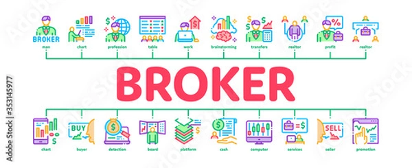 Fototapeta Broker Advice Business Minimal Infographic Web Banner Vector. Broker Businessman And Consultant, Sell And Buy, Professional Estate Agent Illustration