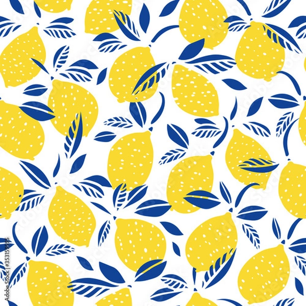 Fototapeta Vector lemon citrus pattern. Graphic modern summer repeating design. Hand drawn bright citrus fruit pattern with blue leaf on white background. Classy simple summer backdrop.