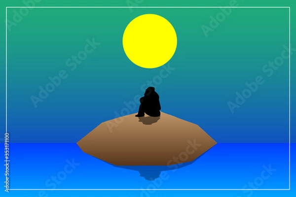 Obraz Shadow of a person sitting on an island in the sea With a white border and moon Build all with vector