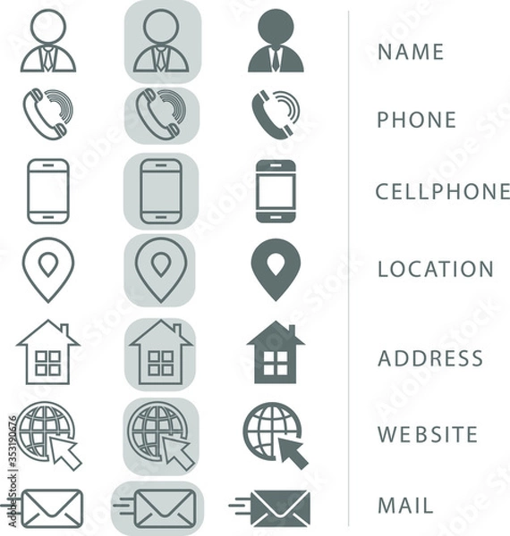 Fototapeta Icon set pack with black and white. Contact information icons for business cards and websites. vector editable. eps 10