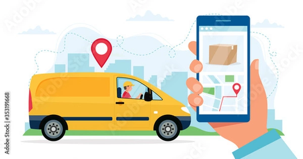 Fototapeta Delivery service concept, courier character riding yellow delivery car, hand holding smartphone with location. Vector illustration in flat style