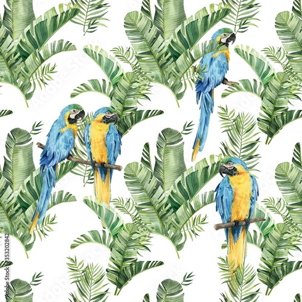 Fototapeta Pattern with beautiful watercolor parrots and tropical leaves. Tropics. Realistic tropical leaves. Tropical birds.