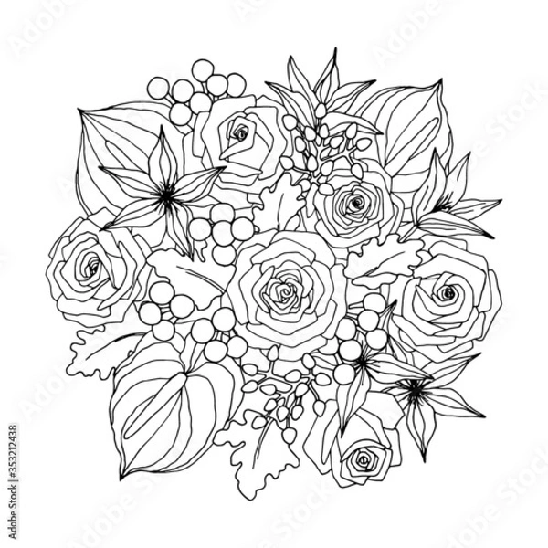 Obraz Flower  bouquet - floral mix. Vector coloring page– Flower bouquet. Coloring book page. Hand-drawn illustration for coloring.