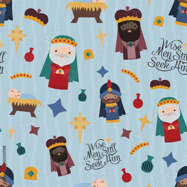 Fototapeta Vector Blue Nativity Three Wise Men Seamless Pattern Background