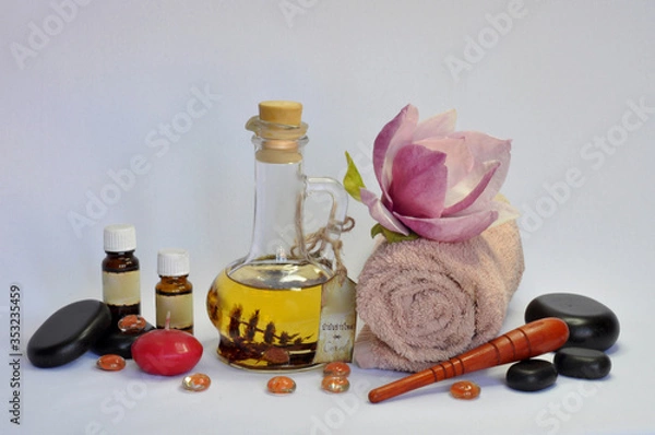 Fototapeta spa still life with essential oils and flowers