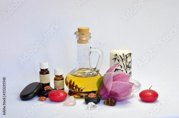Fototapeta spa still life with essential oils and flowers