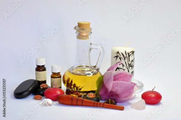 Fototapeta spa still life with essential oils and flowers