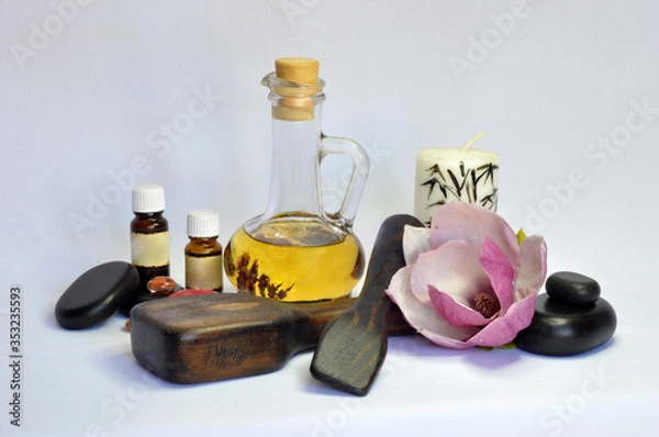 Fototapeta spa still life with essential oils and flowers
