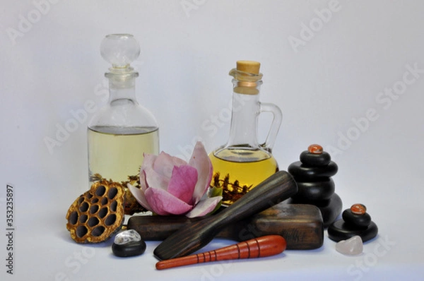Fototapeta spa still life with essential oils and flowers