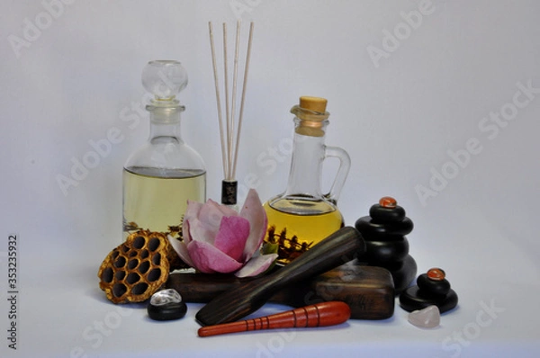 Fototapeta spa still life with essential oils and flowers