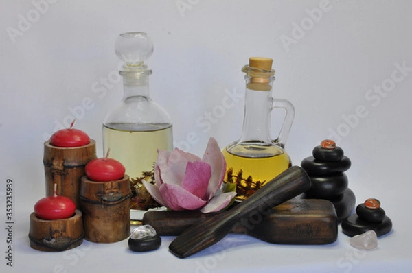 Fototapeta spa still life with essential oils and flowers