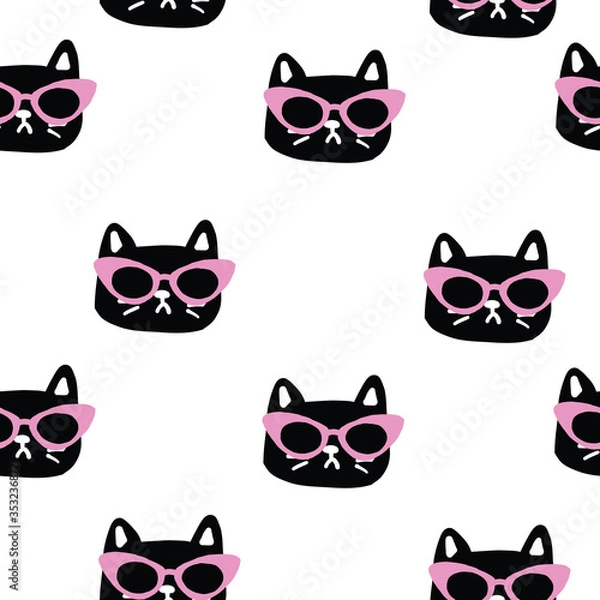 Obraz Seamless cat head pattern with cute Kittens in 50s cat eye sunglasses. Creative childish white texture. Great for fabric, textile Vector Illustration