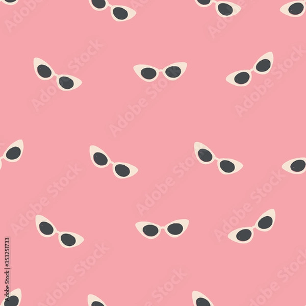 Obraz 50s sunglasses. Stylish retro seamless repeating pattern of pink cateye sunglasses on a pink background.